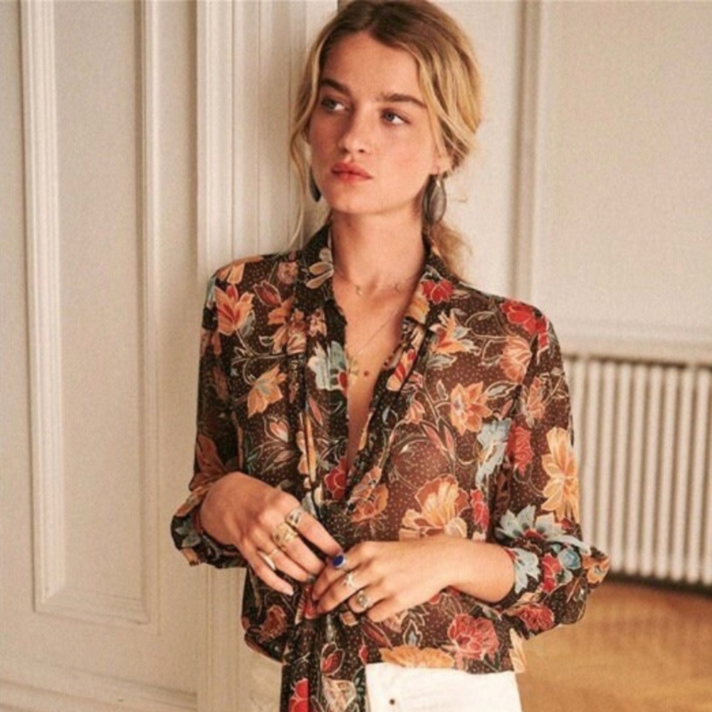 Sezane Floral Blouse in Brown and Red